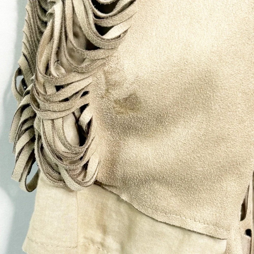 Chico's Tan Faux Suede Fringe Laser Cut Open Front Jacket Cardigan Size 3 XL